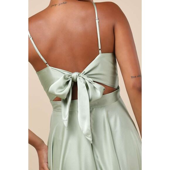 Lulus Days Like Today Sage Satin Asymmetrical Tie-Back Midi Dress NWT Sz S - Picture 3 of 9